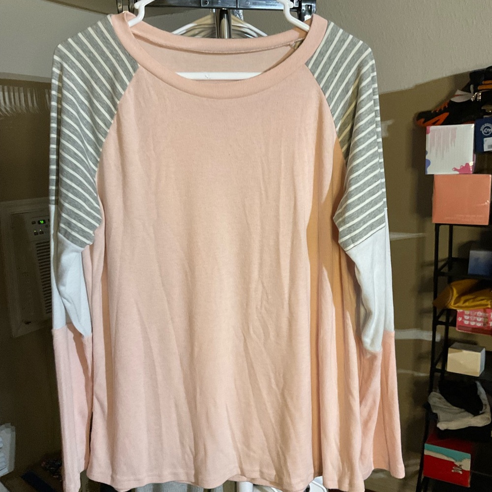 Women's Pink and Gray Striped Sleeve Top